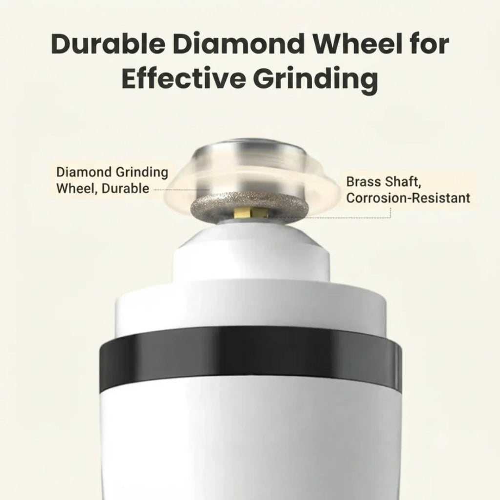 Close-up of the durable diamond grinding wheel and corrosion-resistant brass shaft.