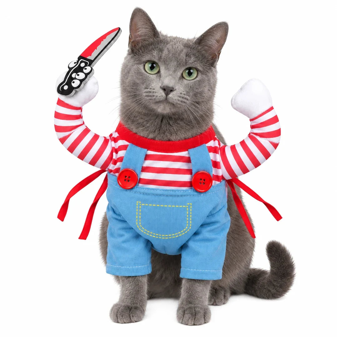Creepy Doll Pet Costume worn by a grey cat