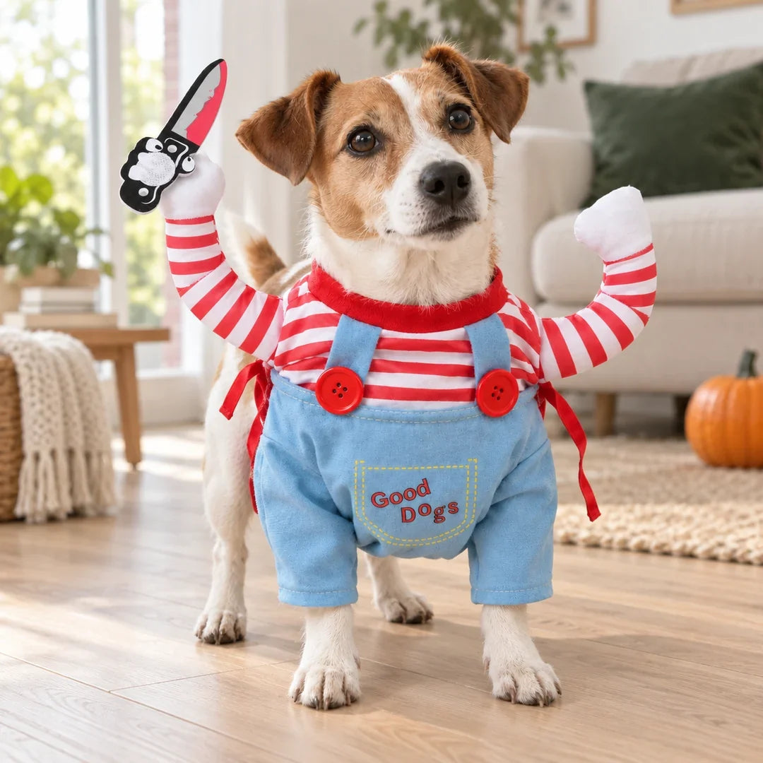 Creepy Doll Pet Costume worn by a dog in a living room