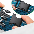 A person's hands demonstrating the durable black plastic buckle mechanism on a teal, breathable mesh dog collar.