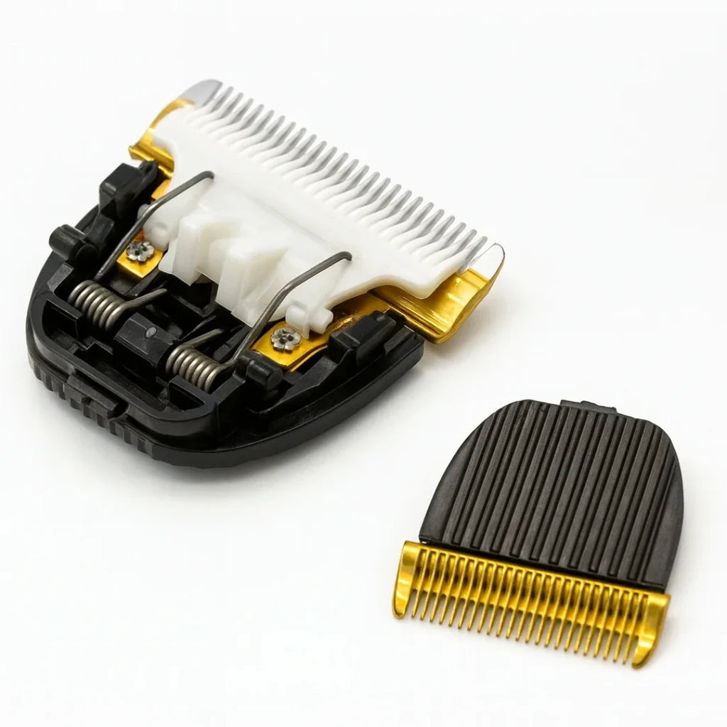 Detailed components of a pet grooming trimmer head featuring internal springs, a white ceramic moving blade, and a detached golden cutter head.