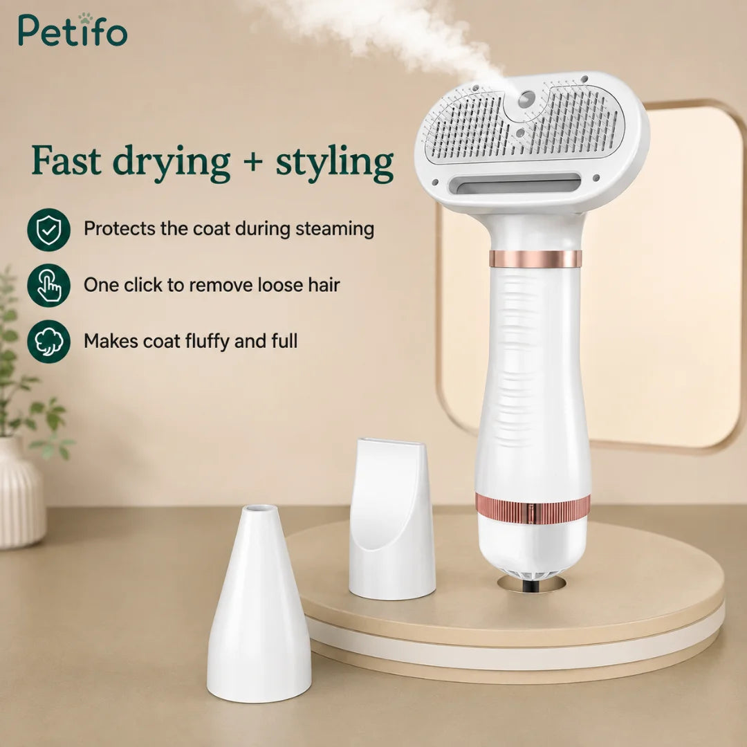 Professional product showcase of the white and rose-gold multi-functional pet grooming dryer with specialized styling nozzles on a platform.