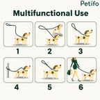 Infographic illustrating six different hands-free and tethering configurations for the Petifo multifunctional dog leash.