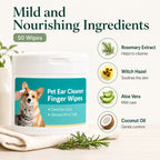 Product infographic highlighting natural ingredients like aloe vera and coconut oil in pet ear cleaner finger wipes.