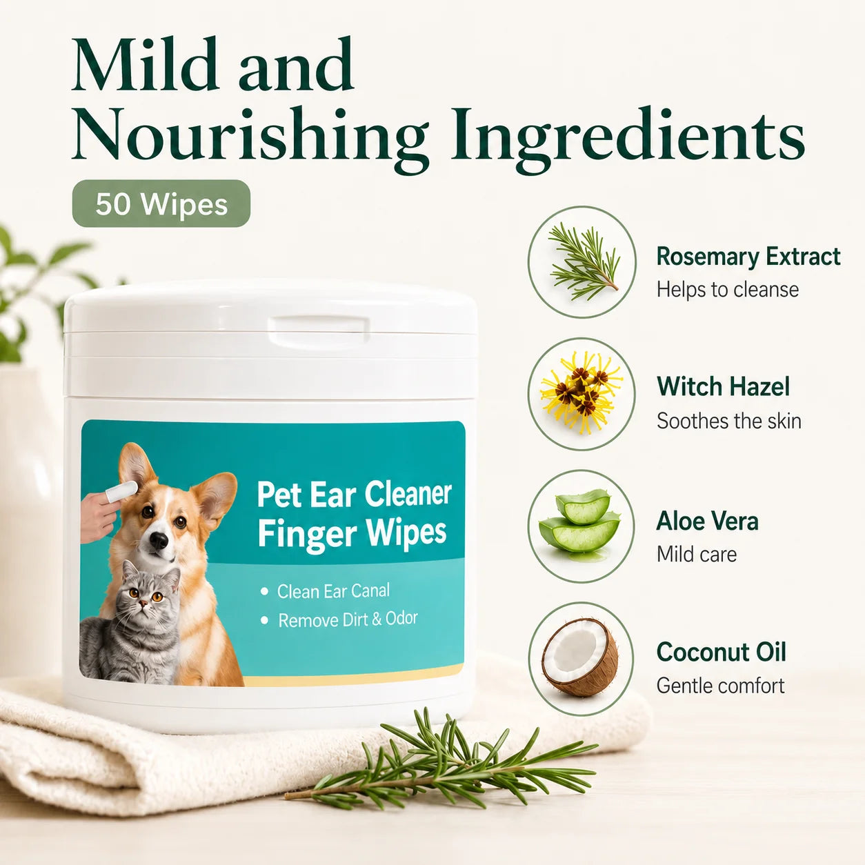 Product infographic highlighting natural ingredients like aloe vera and coconut oil in pet ear cleaner finger wipes.