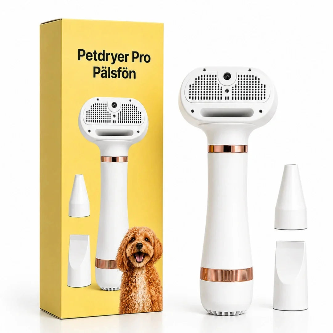 White and rose-gold handheld wireless grooming dryer with interchangeable nozzles next to its yellow retail packaging box featuring an adorable poodle.