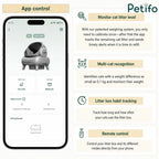 Neakasa smart litter box app interface showing real-time cat litter levels, habit tracking, and remote cntrol features.