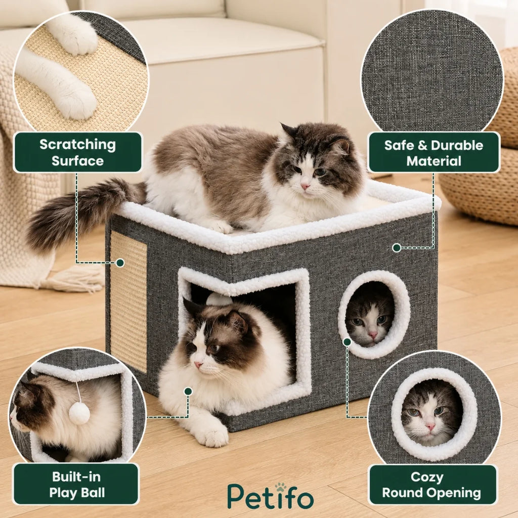 Infographic illustrating key features of the Lunatto cat house, including the durable grey fabric, side scratcher, hanging toy ball, and cozy round window.