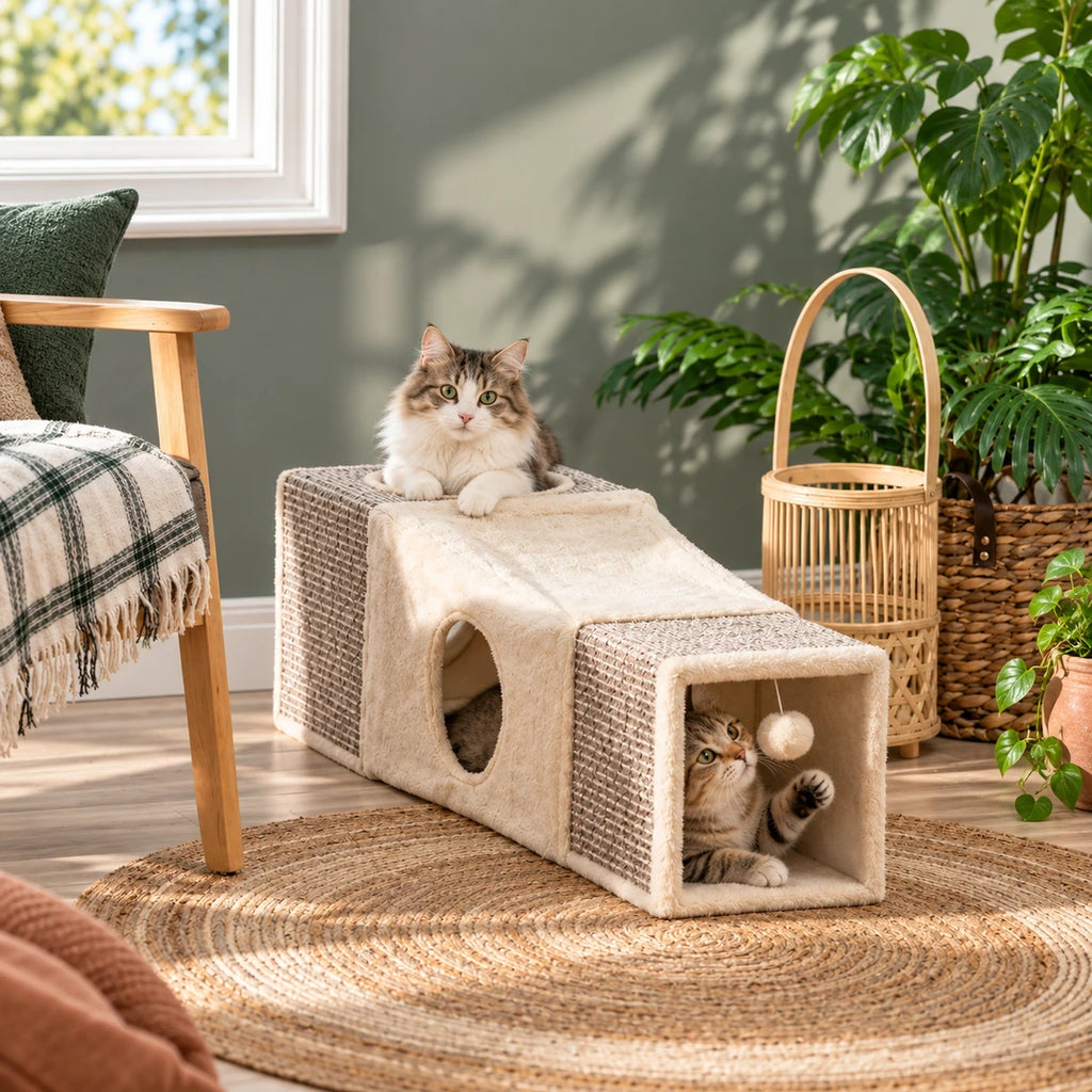 PawHut 2-in-1 Cat Tunnel in a calm interior setting - Petifo
