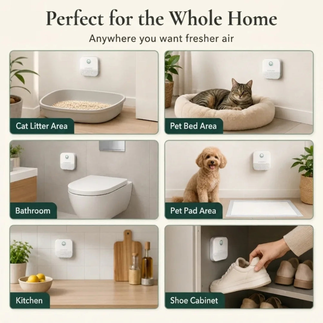 A collage showing the air purifier installed in various locations like bathrooms and shoe cabinets.