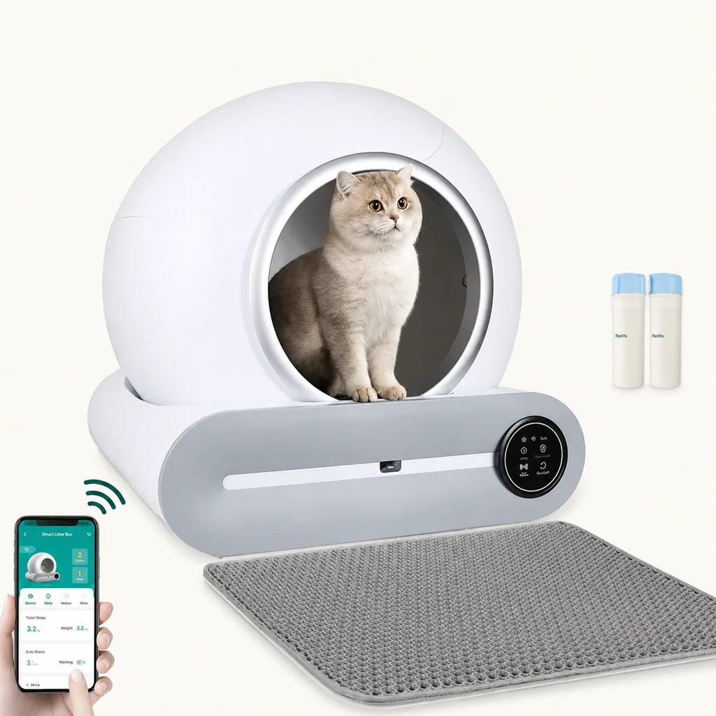 This Litterluxe Pro smart self-cleaning cat litter box set includes the automated unit, two waste bag rolls, and a textured litter mat