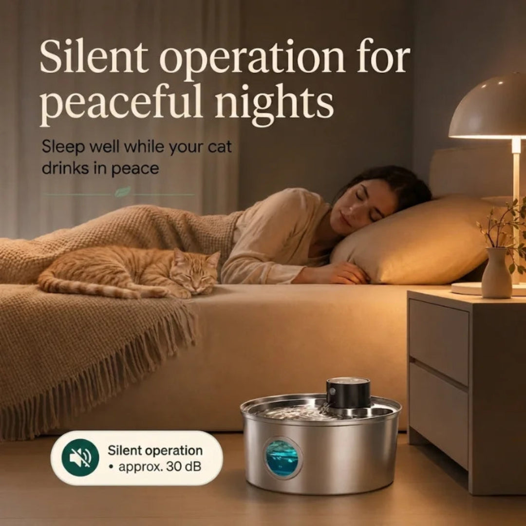 A peaceful bedroom scene showing a woman sleeping and a cat resting on a bed next to a silent-operation, 30 dB stainless steel pet water fountain.