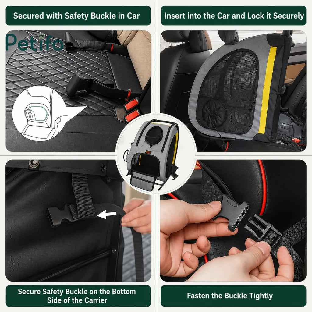 A step-by-step guide illustrating how to secure the Petifo pet carrier to a vehicle seat using safety buckles and locking mechanism