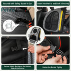 A step-by-step guide illustrating how to secure the Petifo pet carrier to a vehicle seat using safety buckles and locking mechanism