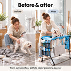 Before and after: awkward floor bathing compared with easier grooming access on the TailCare stand