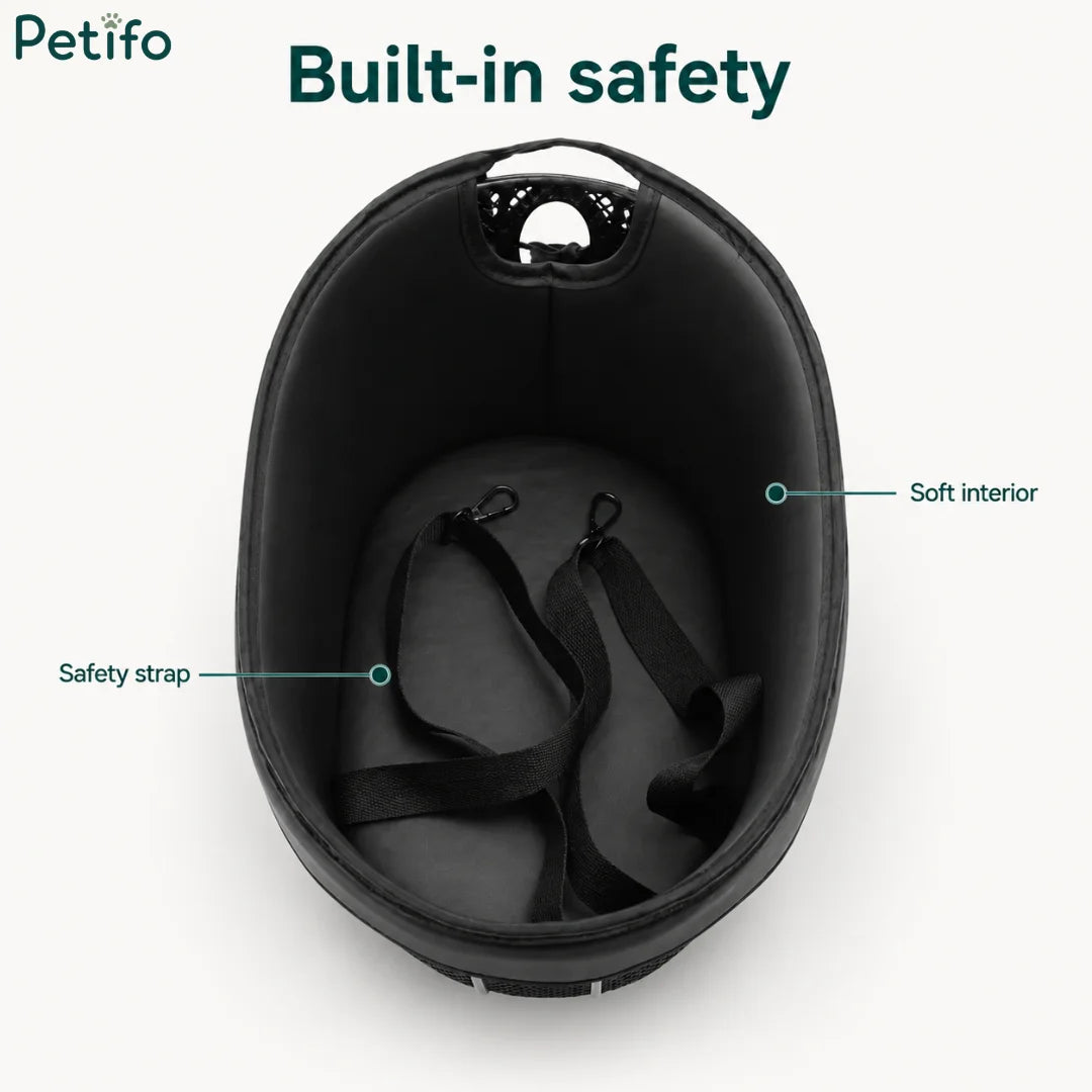 Top-down view of the Petifo bicycle pet basket highlighting the soft interior lining and integrated safety straps.