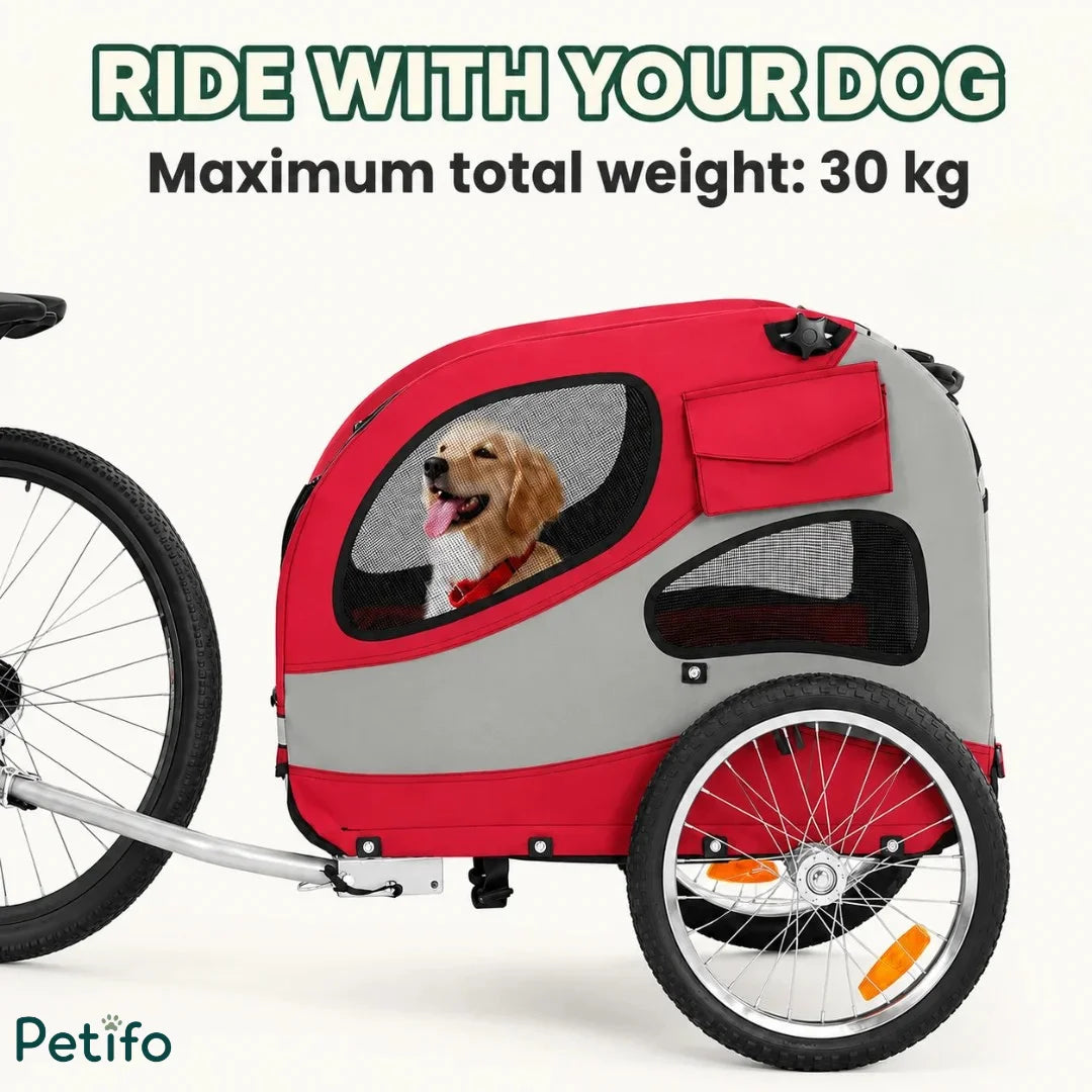 Profile view of the Petifo pet bike trailer with a dog inside, clearly marked for a maximum total weight of 30 kg.