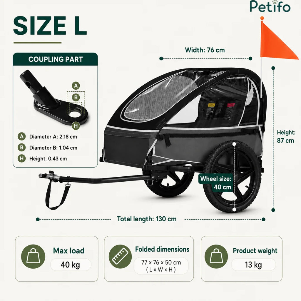 A technical diagram for a size L pet bike trailer displaying detailed dimensions, coupling part specifications, and weight load capacity.