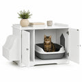 A white Petifo cat litter house furniture piece with double doors open, revealing a cat inside a grey litter tray and side storage.
