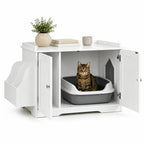 A white Petifo cat litter house furniture piece with double doors open, revealing a cat inside a grey litter tray and side storage.