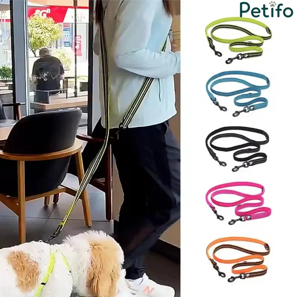 A woman using the Petifo dog leash hands-free next to a display of the five available color options.